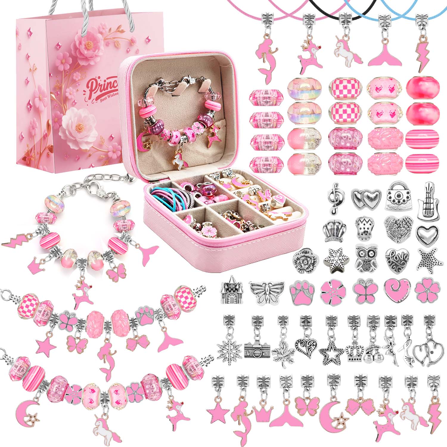 Jewelry Making Box - 68-częściowy zestaw biżuterii z różowych koralików,