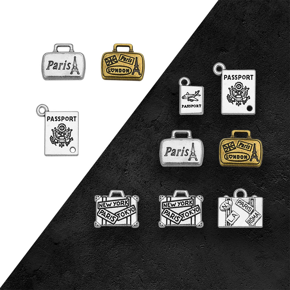 Jewelry Making London - Antyczne posrebrzane walizki paszportowe zawieszki podróżne